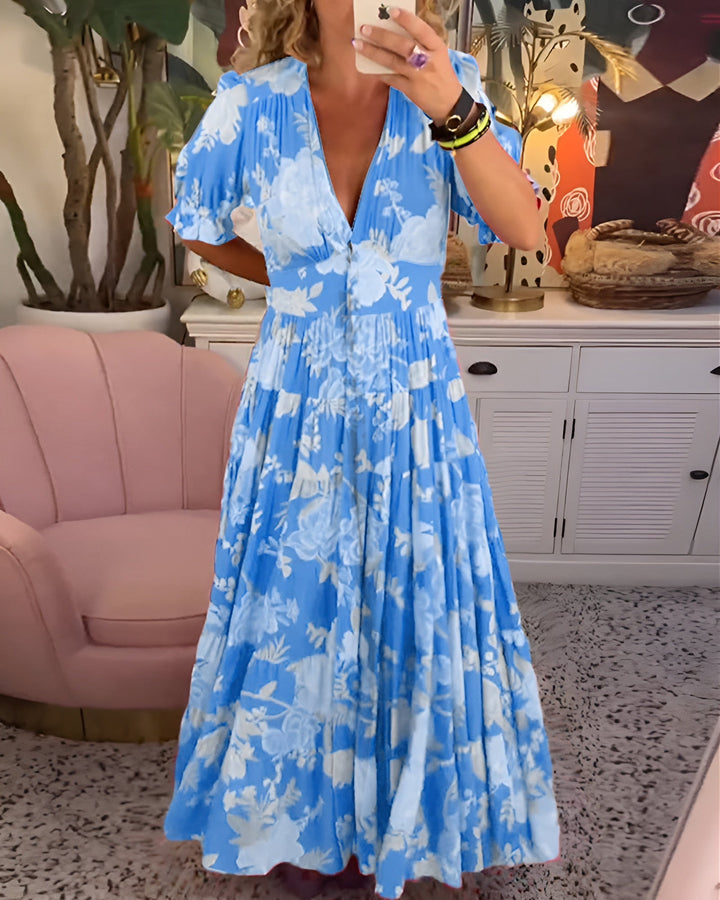 Thalynne -  Floral Print V-Neck Pocket Dress