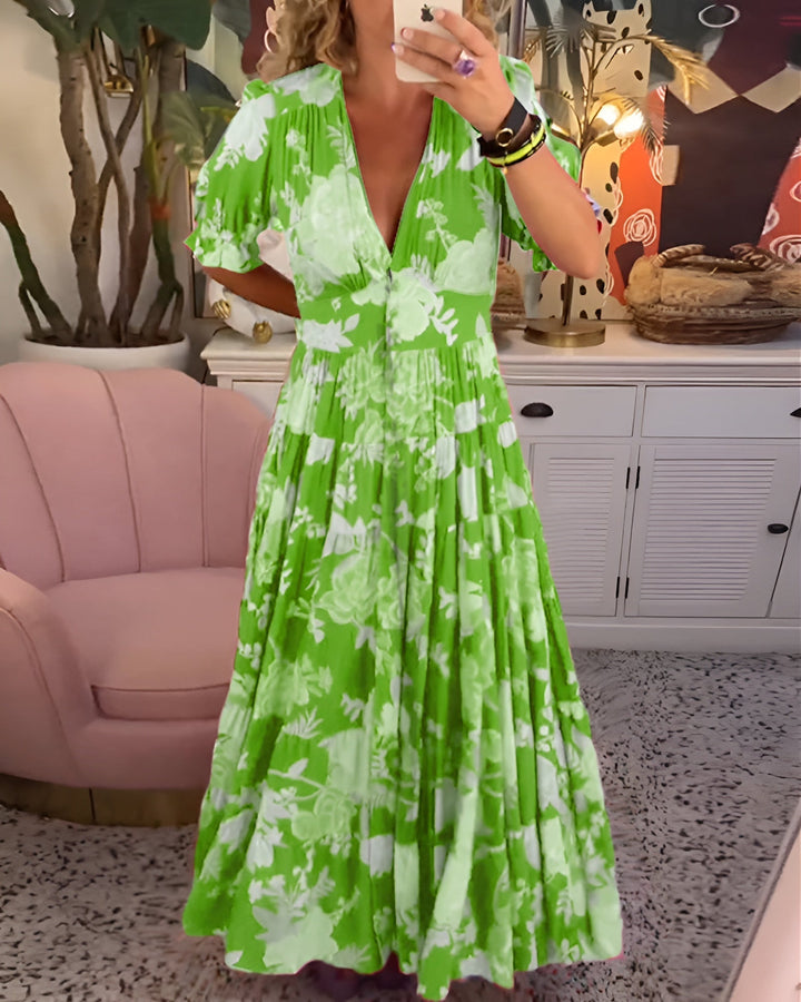 Thalynne -  Floral Print V-Neck Pocket Dress