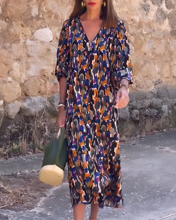 Elyssah - Retro Print V-Neck Dress