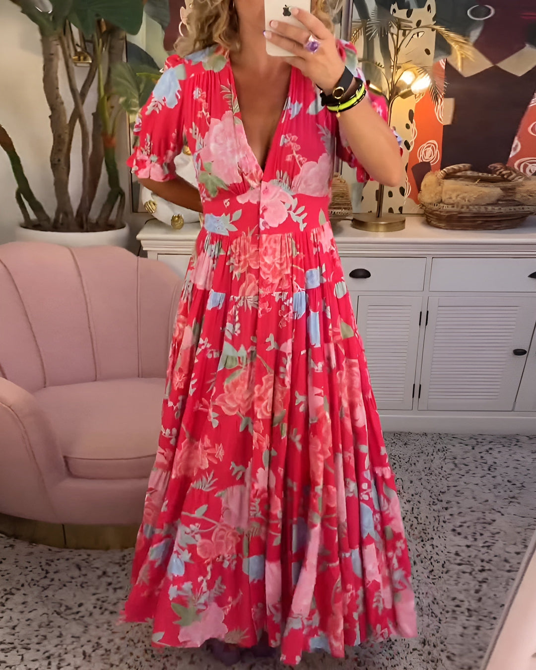 Thalynne -  Floral Print V-Neck Pocket Dress