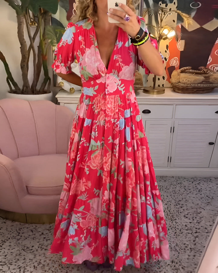 Thalynne -  Floral Print V-Neck Pocket Dress