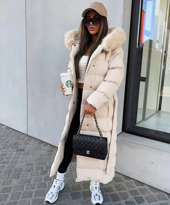 Enidra -  Women's long winter coat with hood and timeless elegance