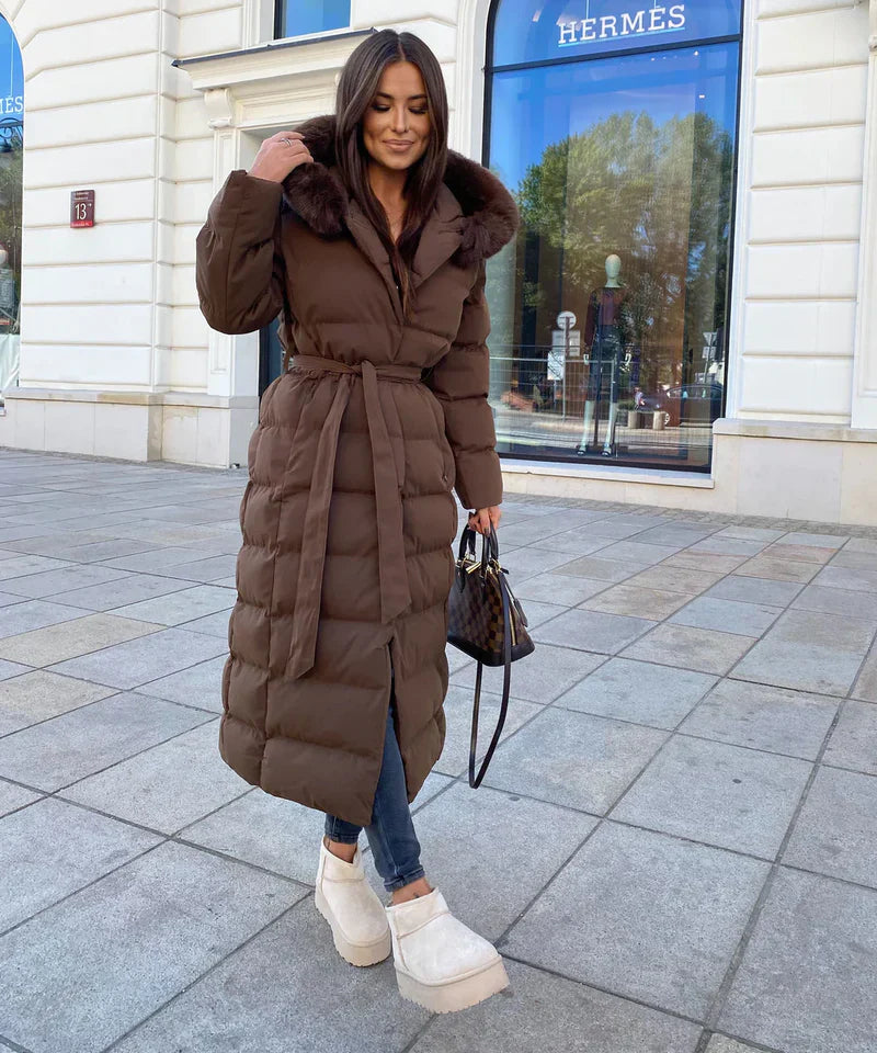 Enidra -  Women's long winter coat with hood and timeless elegance