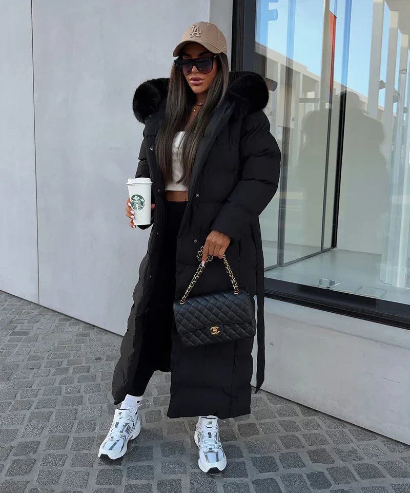 Enidra -  Women's long winter coat with hood and timeless elegance