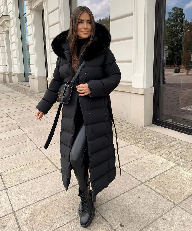 Enidra -  Women's long winter coat with hood and timeless elegance