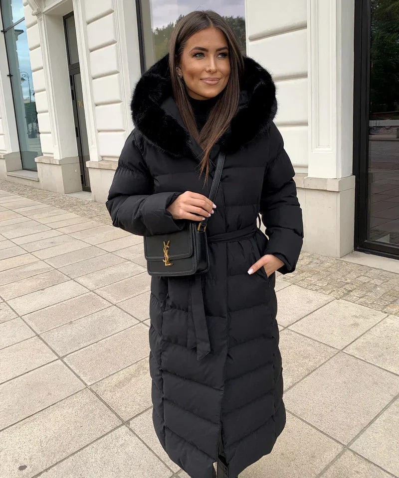 Enidra -  Women's long winter coat with hood and timeless elegance