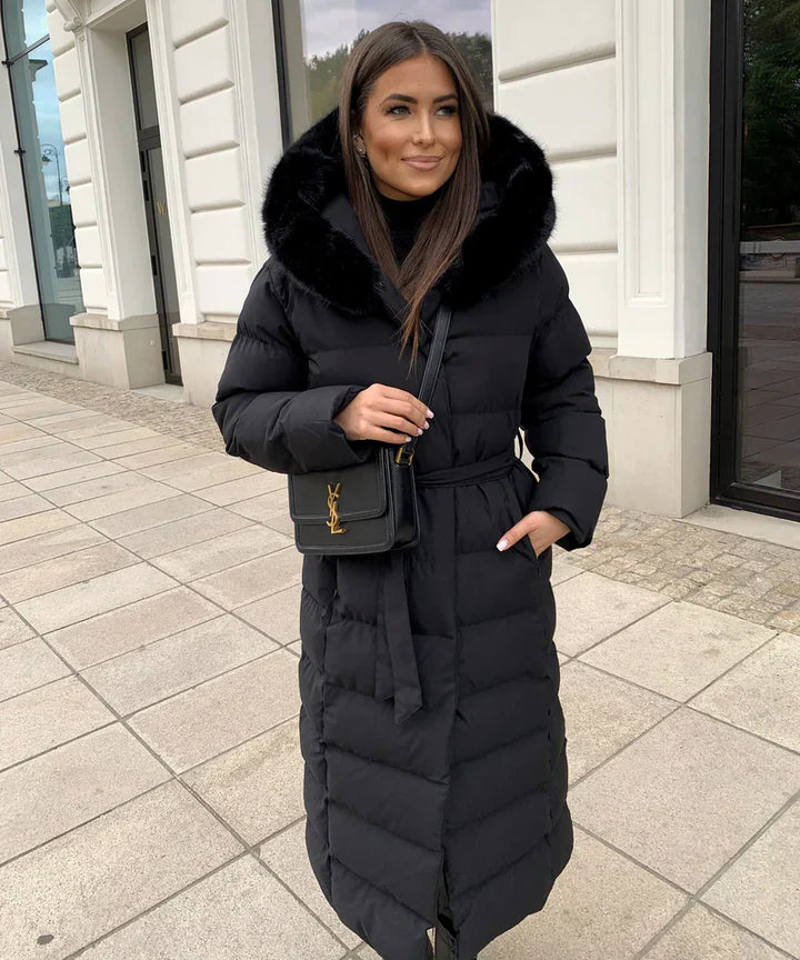 Enidra -  Women's long winter coat with hood and timeless elegance