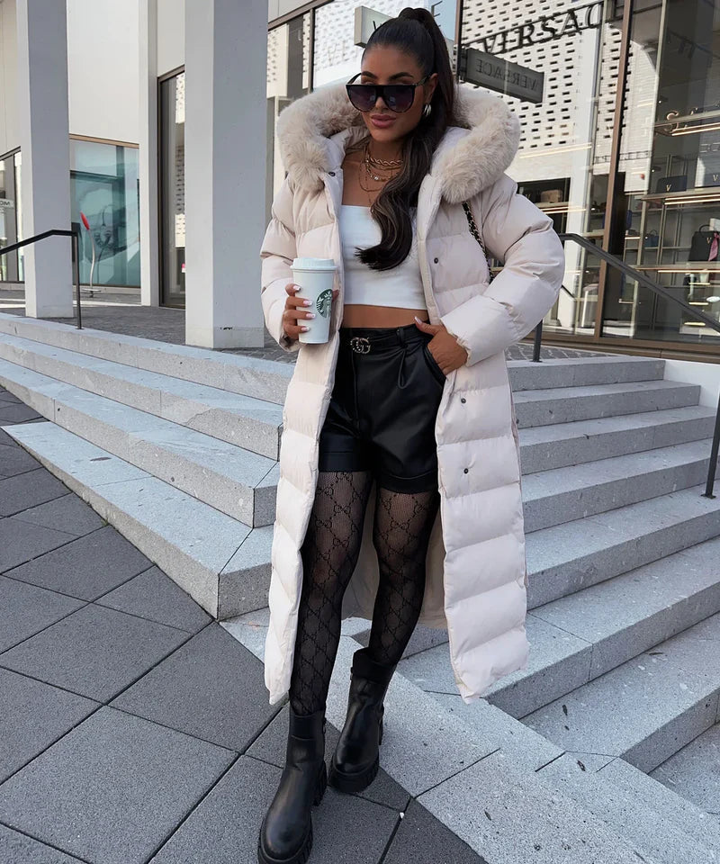 Enidra -  Women's long winter coat with hood and timeless elegance