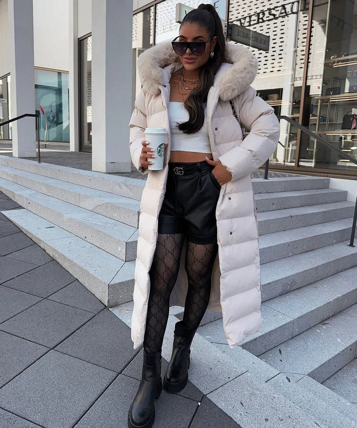 Enidra -  Women's long winter coat with hood and timeless elegance