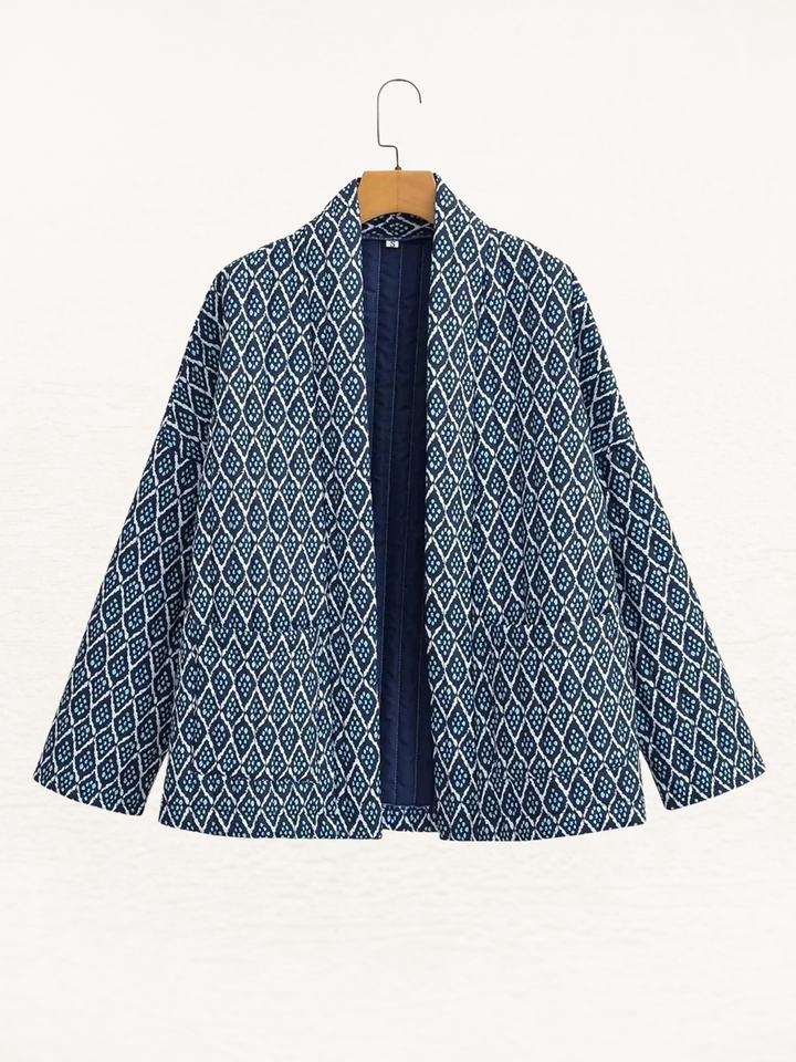 Briar - Women's Quilted Jacket  Lightly Padded Mid Calf Jacket with Elegant Geometric Print