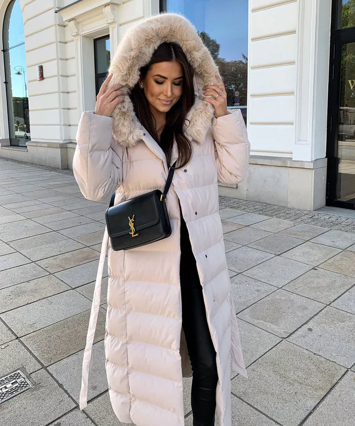 Enidra -  Women's long winter coat with hood and timeless elegance