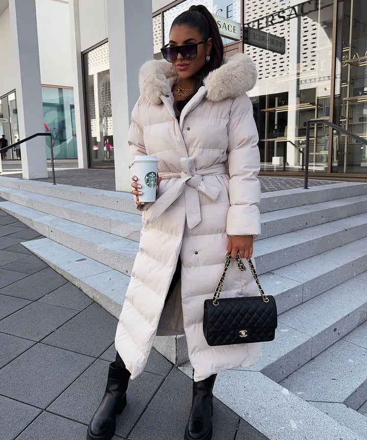 Enidra -  Women's long winter coat with hood and timeless elegance