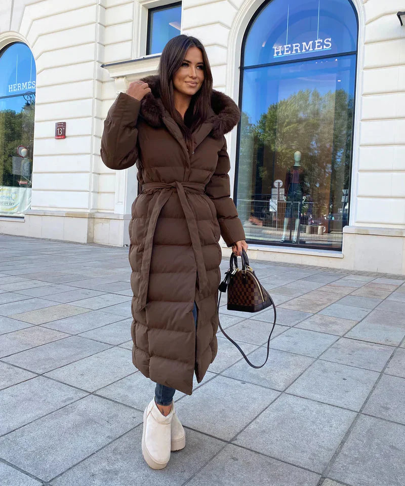 Enidra -  Women's long winter coat with hood and timeless elegance