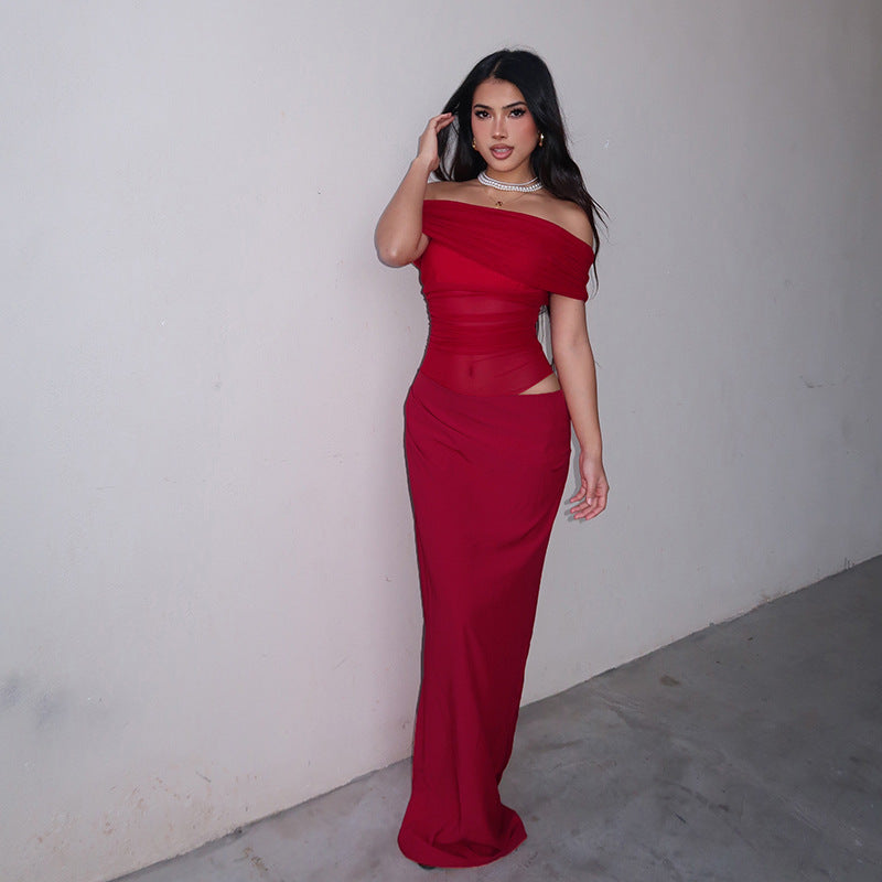 Gemira - Off-Shoulder Mesh Maxi Dress