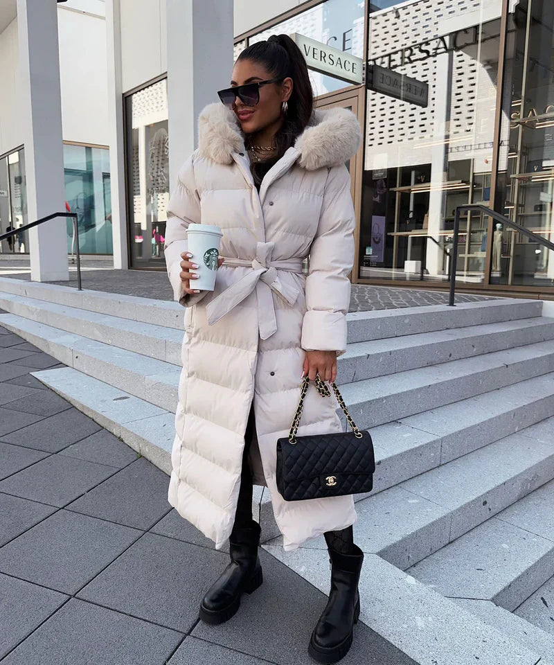 Enidra -  Women's long winter coat with hood and timeless elegance