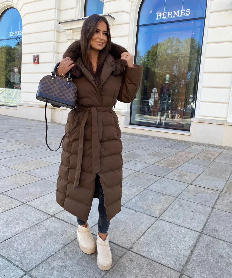 Enidra -  Women's long winter coat with hood and timeless elegance