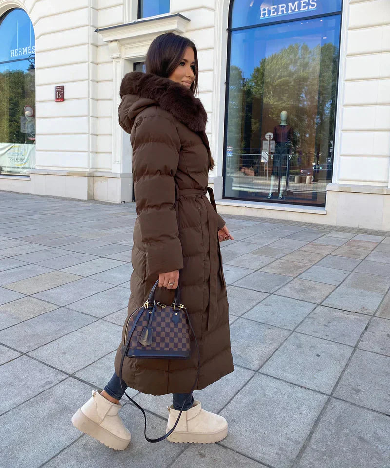 Enidra -  Women's long winter coat with hood and timeless elegance