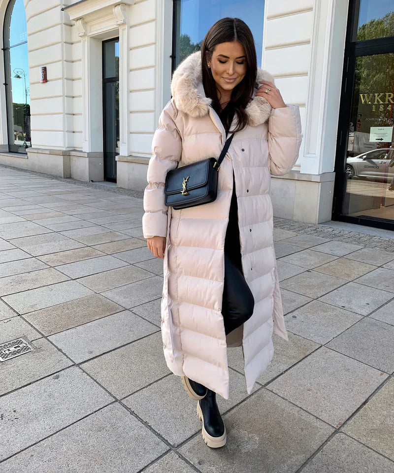 Enidra -  Women's long winter coat with hood and timeless elegance