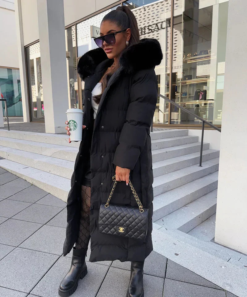 Enidra -  Women's long winter coat with hood and timeless elegance