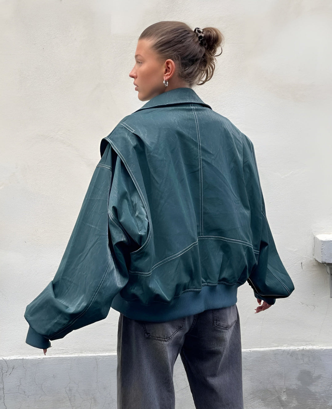 Hyacinth - Trendy imitation leather bomber jacket
