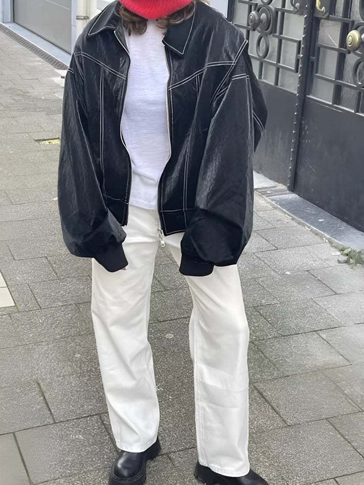 Hyacinth - Trendy imitation leather bomber jacket