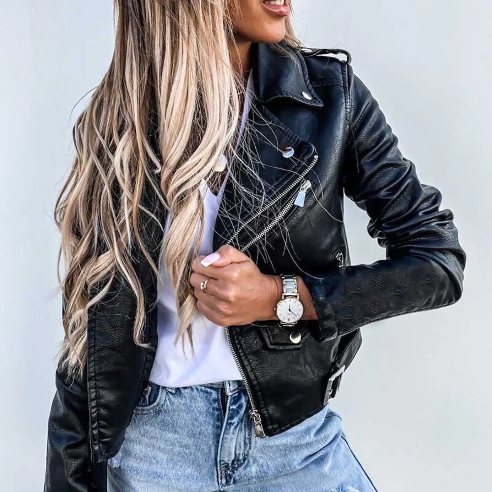 Amelina - Slim leather jacket with asymmetric zipper and metal details