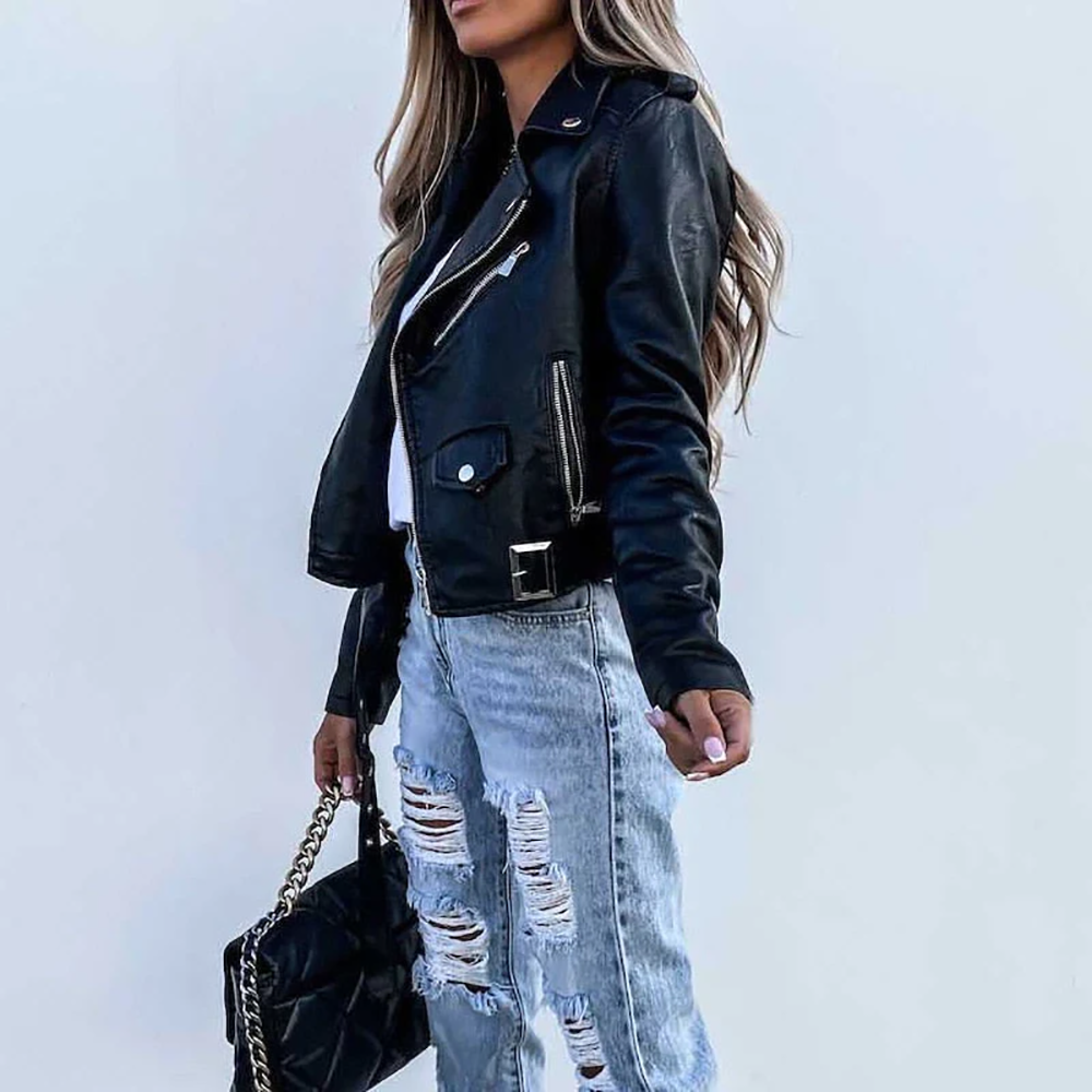 Amelina - Slim leather jacket with asymmetric zipper and metal details