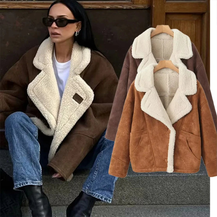 Cecily - French Vintage Lamb Wool Women Coat Patchwork