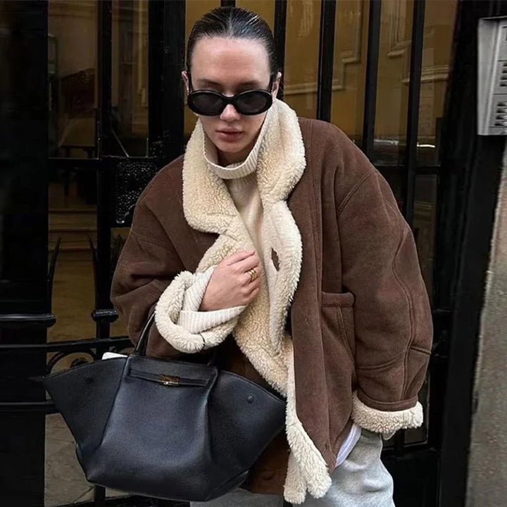 Cecily - French Vintage Lamb Wool Women Coat Patchwork