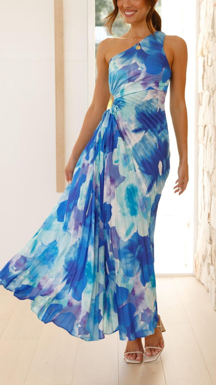 Jorja - Floral Pleated One Shoulder Maxi Dress