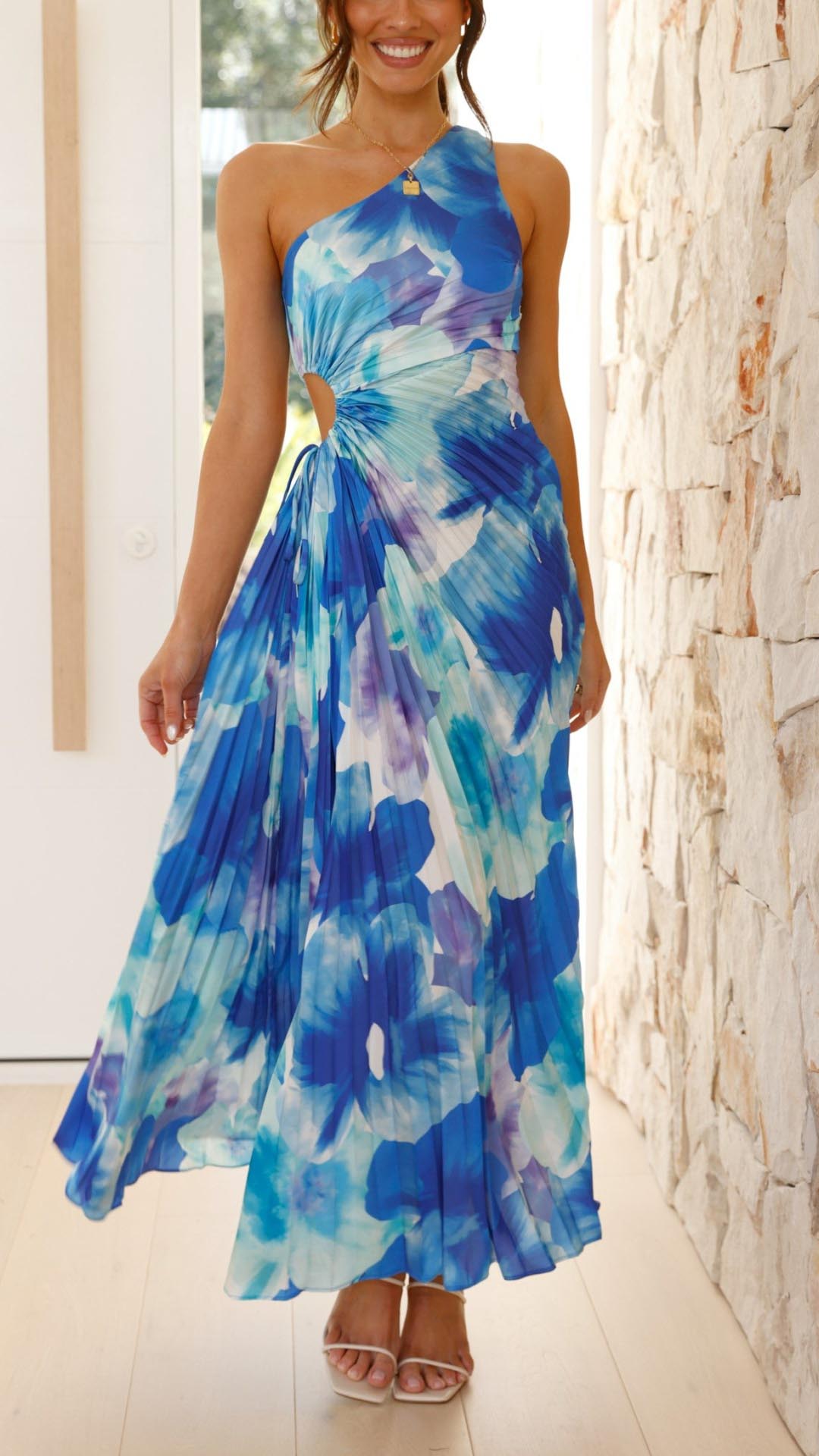 Jorja - Floral Pleated One Shoulder Maxi Dress