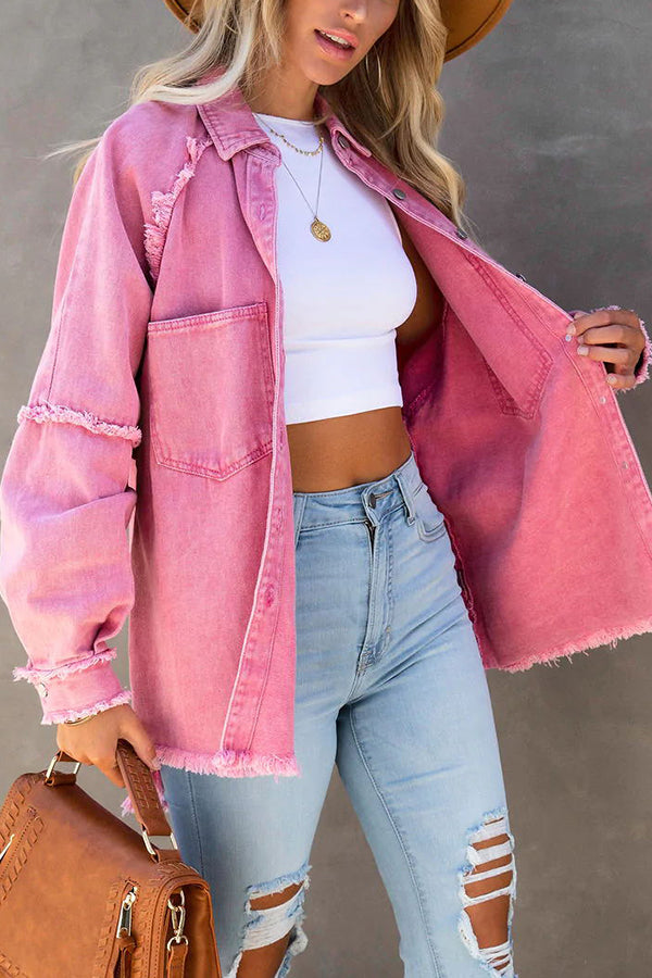 Thea - Women's Denim Jacket Oversized with Fringes Trendy Casual Look for Every Season