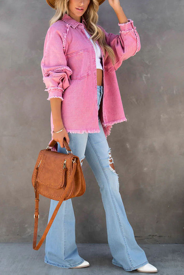 Thea - Women's Denim Jacket Oversized with Fringes Trendy Casual Look for Every Season