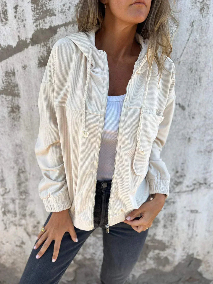Aislynn - Casual ribbed cardigan with hood and zipper