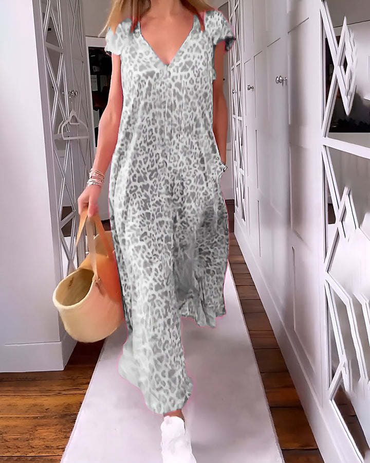 Zairah - Long V neck Dress in Short Sleeve Leopard Print