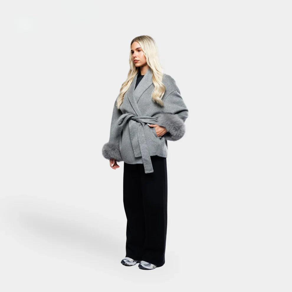 Evaluna -  Trendy Winter Coat with Faux Fur and Tie Belt