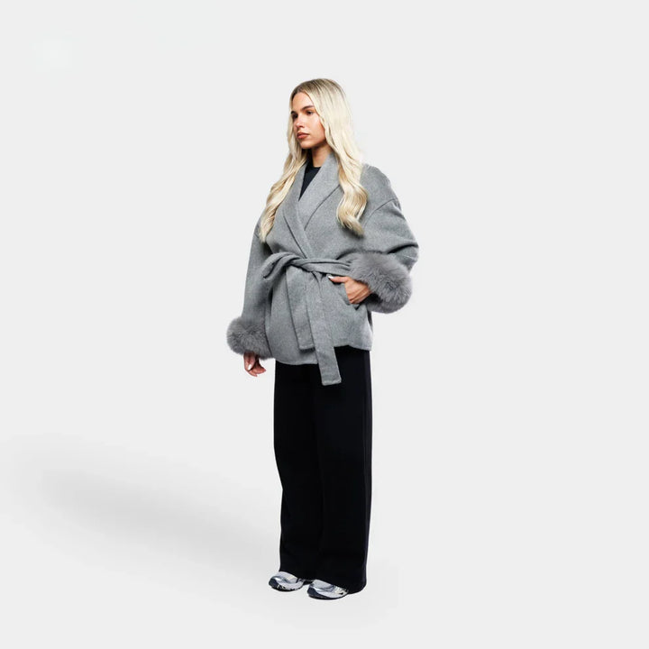 Evaluna -  Trendy Winter Coat with Faux Fur and Tie Belt