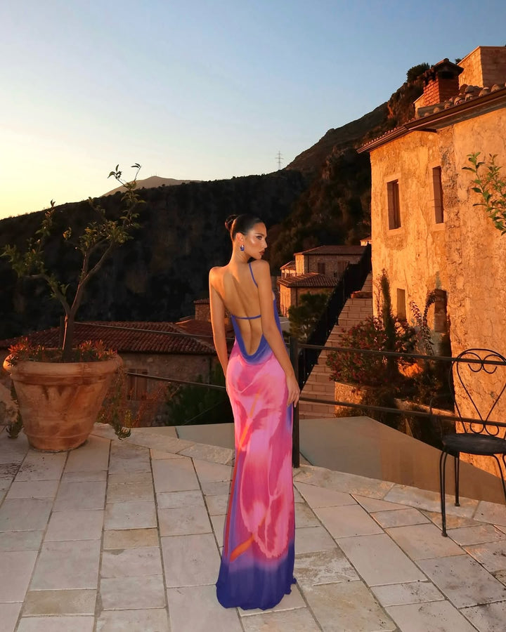 Olivienne - Slim Backless Printed Maxi Dress